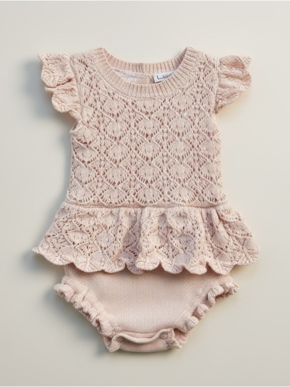 Nicole Miller Baby Girl Crochet Knit Sweater Pale Pink Ruffle Romper 6-9M